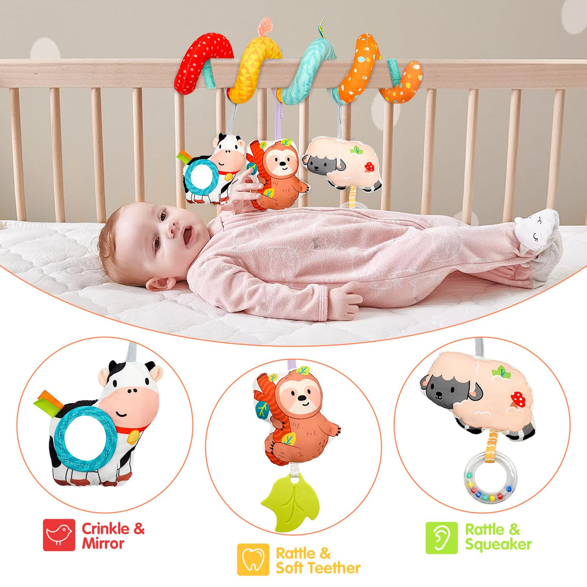 XIXILAND Black and White Baby Rattles & Colorful Farm Car Seat Toys Stroller Toys, Newborn to 12 Months