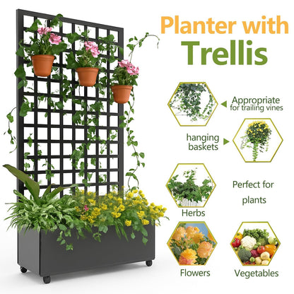 GAOMON Metal Planter Box with Square Lattice Trellis & Wheels, Raised Garden Bed w/Privacy Screen & Drainage Hole for Climbing Plants, Flower & Vine (72 in x35 in Black)