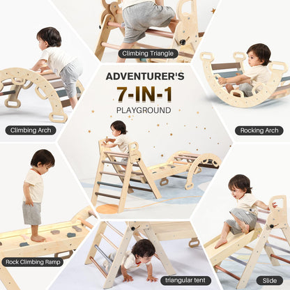 BlueWood Pikler Triangle Set 7in1 Foldable Baby Climbing Toys Wooden Montessori Climbing Set with Arch&Ramp&Ladder Baby Climber Indoor Jungle Gyms for Toddlers Montessori Toys - Mauve Pink