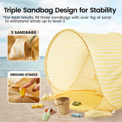 Tiny Land Baby Beach Tent – Pop Up Baby Tent with UV Protection, Portable Baby Beach Essentials, 35.4"x27.6"x31.5" Sun Shelter for Infants, Baby Summer Outdoor Use (Pastel Yellow Stripes)