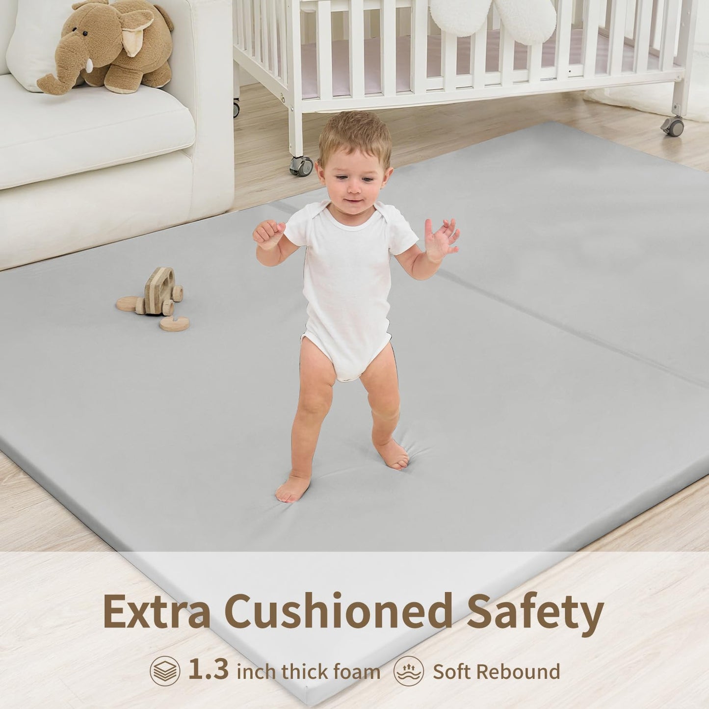 Yumiio Large Vegan Leather Baby Play Mat for Floor,1.3"Thick Foam 59x82 Foldable Waterproof Kids Play Mat,Stylish and Just Wipe-Clean Playmat for Baby Play on Floor (Grey)