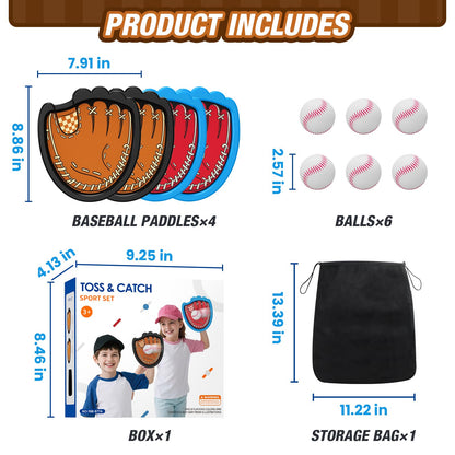 HYES Toss and Catch Ball Game, Outdoor Toys for Kids, Beach Pool Yard Games for Teens & Family, Toddler Baseball Glove Birthday Gifts for 3 4 5 6 7 8+ Year Old Boys & Girls (4 Paddles & 6 Balls)