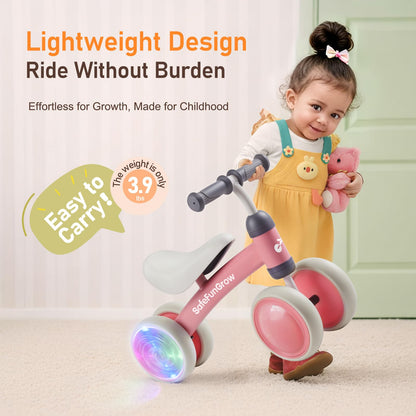 Colorful Lighting Baby Balance Bike Toys for 1 Year Old Girl Gifts, Balance Bike 1 Year Old No Pedal, 12-24 Months Toddler Ride on Toys with 4 Silent Wheels & Soft Seat, 1st Birthday Gifts, Pink