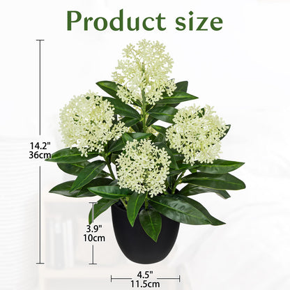 Briful Artificial Potted Flowers, 14.2in Realistic Faux Skimmia Japonica Flowers with Berries Silk Floral Centerpiece for Home Office Bathroom Kitchen Shelf Table Decor, White