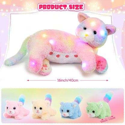 Skylety Nurturing Cat Stuffed Animal with 4 Plush Kittens, Cats Baby Stuffed for Girls Boys Plushy Mommy Kitty with Baby Kittens for Birthday Party Favors Gifts(LED Style)