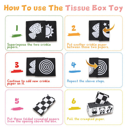Yeeeasy Baby Tissue Box Toy High Contrast for Newborn Black and White Montessori Toy for Babies 3 Months Sensory Tissue Box