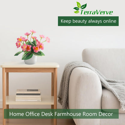 TerraVerve Boho Style 4-Piece Silk Flower Arrangement | Realistic Artificial Plants with Vase | Daisy & Lily Pots | No Maintenance Required