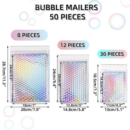 ZAVOOS 50 Pieces Metallic Bubble Mailers, Self-Seal Poly Padded Envelopes, Waterproof Holographic Bubble Shipping Envelopes for Mailing, Packing, Small Business, Christmas Gifting