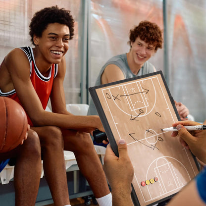 WISYOK Leather Covered Magnetic Basketball Lineup Board, Foldable and Portable Clipboard for Coaches with 48 Cards, 2 Markers, 4 Hooks and 1 Organizer Bag