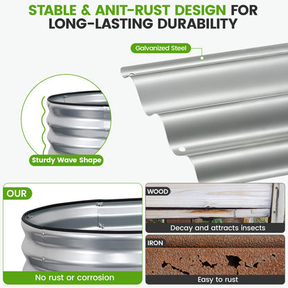 VIREO GARDEN Galvanized Raised Garden Bed Outdoor 24'' Deep | Oval Metal Garden Beds with Easy Assembly & Planter Box for Planting Deep Root Vegetables Fruits Flowers, 4x2x2ft Silver