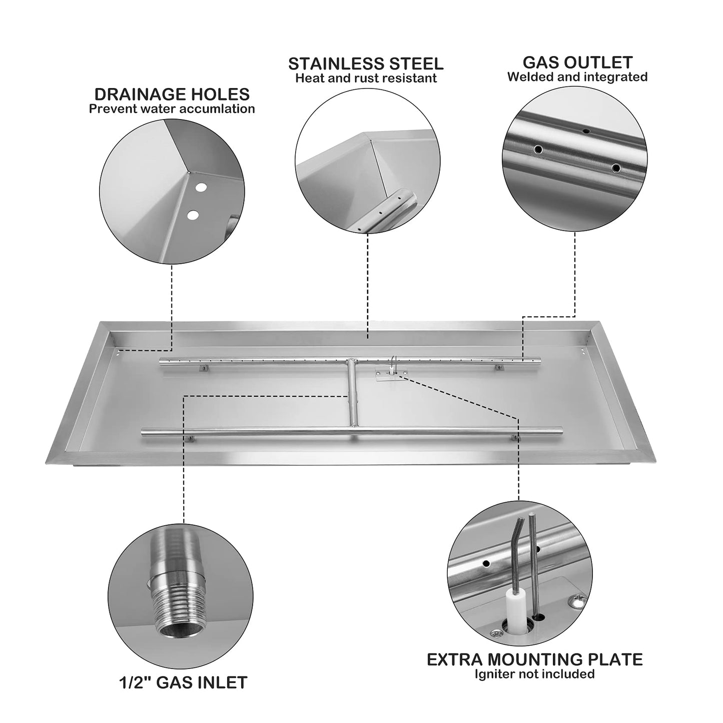 Stanbroil 30 x 10 Inch Drop-in Fire Pit with Burner and All Accessories Required for DIY Fire Pit Projects, Natural Gas Version, 125,000 BTU Max