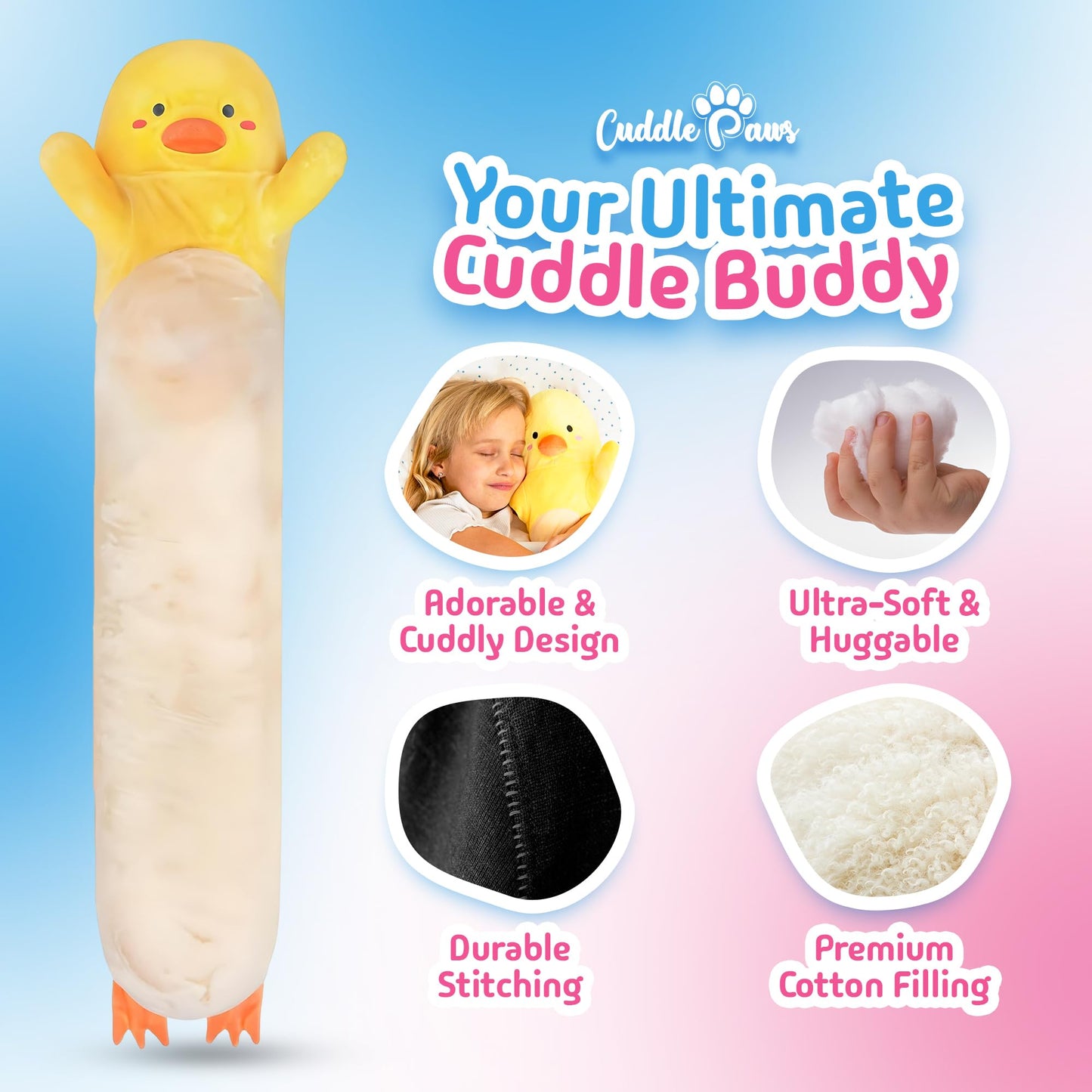 Cuddle Paws Duck Plush Body Pillow for Kids | Long Stuffed Animal Cuddle Pillow | Soft Hugging Toy | Plushie Gift for Girls & Boys | Long Plush Body Pillow for Sleep & Comfort | Medium, 35 Inches