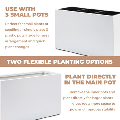 DEPLA LANE Trevano Fiberstone Rectangular Planter (26" L x 9.8" W x 15.7" H) Smooth Finish, Removable Inner Pots, Lightweight, Durable, UV Resistant, Minimalist Indoor Outdoor Plant Pot (M, White)