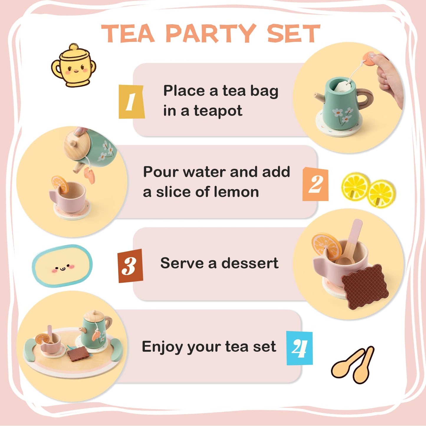 KDSFT Tea Party Set for Little Girls, Wooden Kids Tea Set with Teapot Cups Coasters Carrying Dessert, Picnic Outdoor Toys Pretend Play Kitchen Accessories for 3 4 5 Years Old