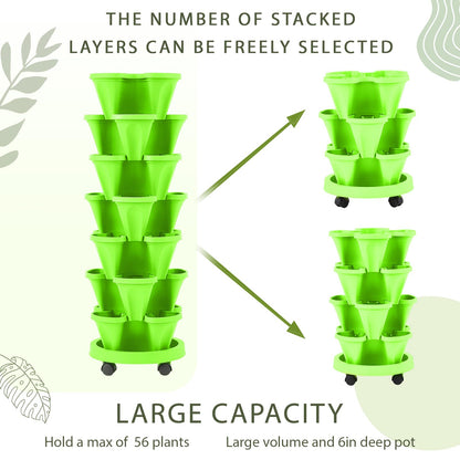 Umigy 2 Set of 7 Tier Vertical Planter Stackable Tower Planters Strawberry Herb Flower and Vegetable Pots Indoor Outdoor Gardening Pots with Removable Wheels and Tools(Light Green)