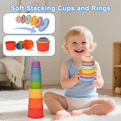Montessori Baby Toys 6-9 12-18 Month,7-in-1 Sensory Infant Teething Toys for 6-12 Month,Stacking Blocks Cups Ring Matching Eggs Pull String Suction Cup Toy for Babies 6-12+ Months,1 Year old Baby Gift