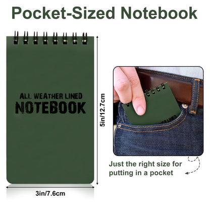 RETON 10 Pack Waterproof Notebook, 3 x 5 Inches Waterproof Pocket Notepad, All-Weather Top Spiral Memo Steno Pads with Grid, Write in the Rain Notebook for Outdoor Activity Recording (Army Green)