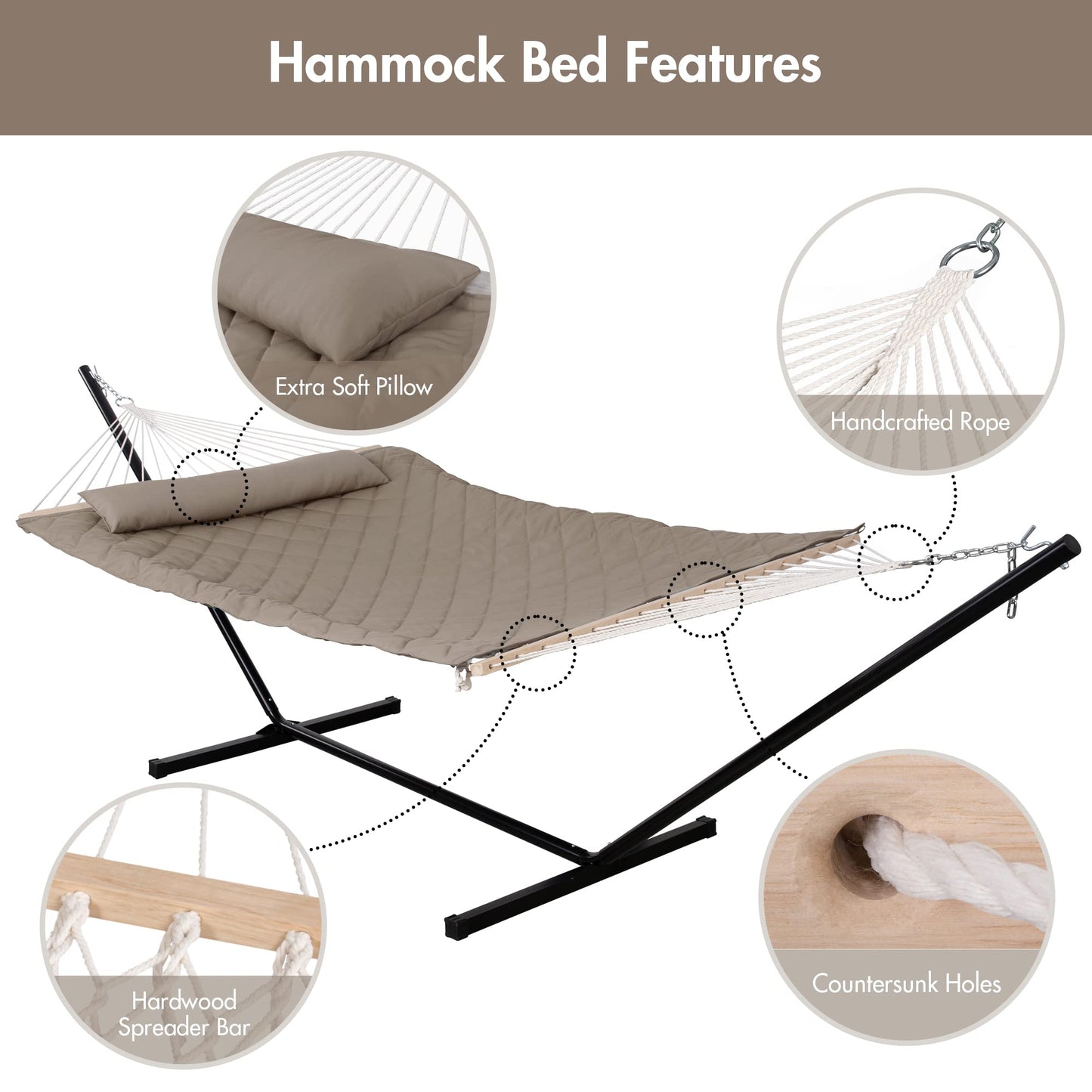 ANOW 2 Person Hammock with 12FT Heavy Duty Steel Stand, Double Rope Hammock with Detachable Pillow and Pad for Outdoors Indoors, 450 LBS Weight Capacity, Light Brown