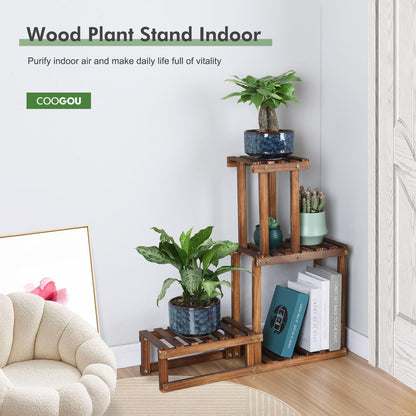 COOGOU Wood Plant Stand Indoor Outdoor 4 Tiers Plant Rack Corner Planter Shelf Flower Pot Holder for Living Room Garden Patio Yard Porch (Space Saving,27.6”,Small)