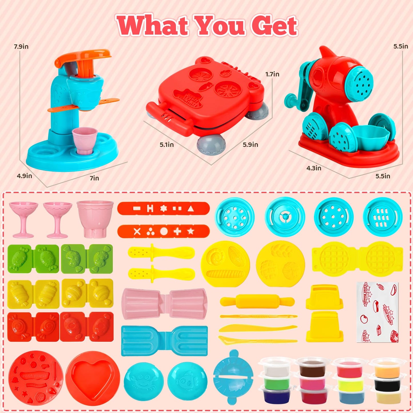 SOCBTNSO 3 in 1 Dough Sets 59 PCS for Kids Ages 4-8, Dough Tools Kit with Ice Cream Noodle Hamburger Maker Machine, Kitchen Creations Art Crafts Food Play Toys for Boys Girls Kids Toddlers Ages 3+