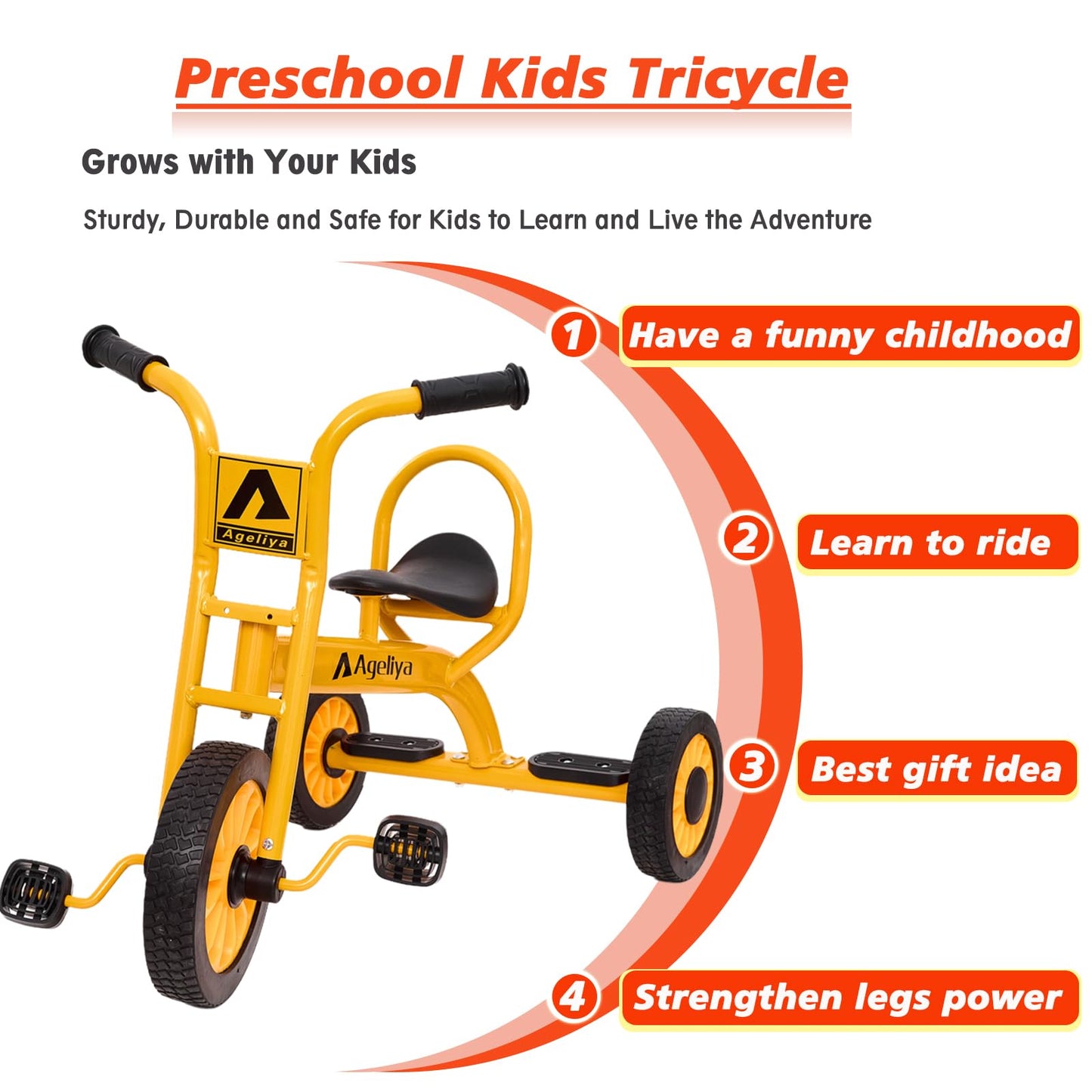 Ageliya Preschool Kids Tricycle for Rider Age 3-5, Durable Metal Pedal Trike for Boys Girls, Big Kid Tricycle with Non-Slip Grip, Solid Rubber Tires -Outdoor Playschool Daycare Playground Equipment