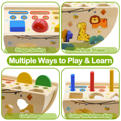 Humerry Montessori Busy Box for Toddlers 1-3, Wooden Object Permanence Coin Box with Shape Sorter & Animal Matching, Sensory Fine Motor Learning Toy with Wobble Base, Gift for 1 2 3 Year Old
