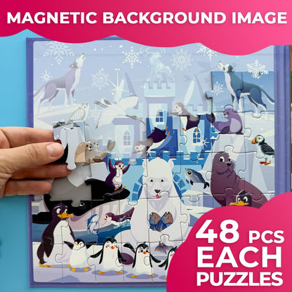 QUOKKA Magnetic Puzzles for Toddlers 3-5 – 2x48 Pieces Travel Games for Kids 2-4 – Polar & Jungle Animals Learning Magnetic Puzzles for Kids Ages 4-8 – Educational Puzzle Gift Toy for Boys and Girls