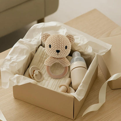 JUSTQUNSEEN Teddy Bear Baby Rattle Toy Hand Crochet Knitted Plush Stuffed Animal Teether Natural Wood Ring Cute Bear 6 Month Baby Gift Gentle Sound Shaker Newborn Infant Crib Soothing Sleep Aid Gift