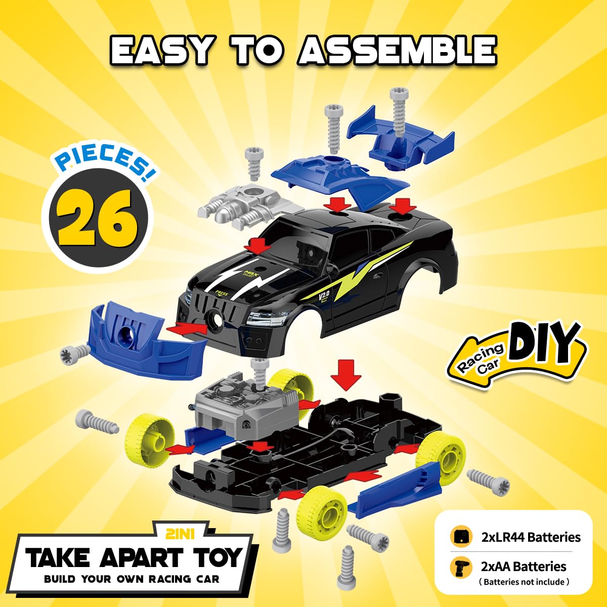 GILOBABY 26 Pieces Take Apart Toys for Boys, Racing Car with Electric Drill, Sounds & Lights, Building Stem Toys for Kids, Gifts for 3 4 5 Year Old Boys Learning Educational Toys
