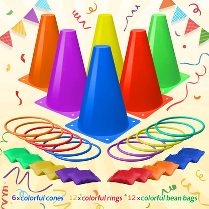 Eocolz 3 in 1 Carnival Games Set, Soft Plastic Cones Bean Bags Ring Toss Games for Kids Birthday Party Outdoor Games Supplies Combo Set