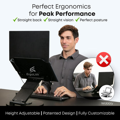 ErgoLith 3-in-1 Adjustable Laptop Stand, Book Stand, and Phone Holder - 360° Rotating Display for All Laptops - 2–21" Height for Ergonomics - Office Desk Accessories - Stylish - Patented - Sky Black