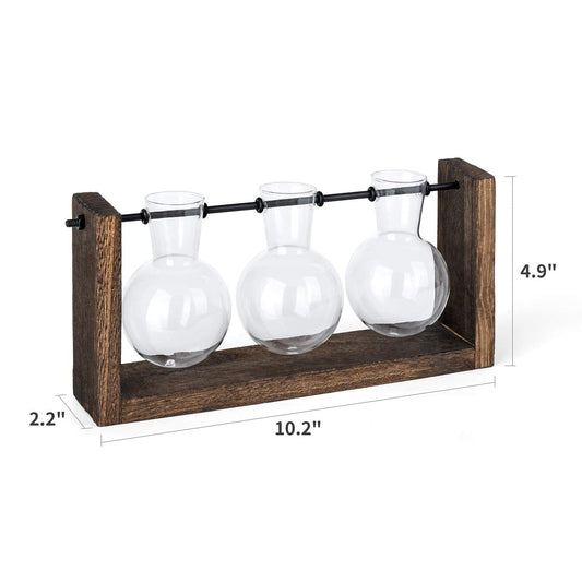 Mkono Plant Propagation Station with Wooden Stand, Wall Hanging Glass Planter Tabletop Terrarium Bulb Vase for Hydroponics Plants Home Office Decor