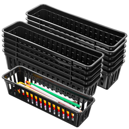 12 Pack Black Slim Plastic Storage Baskets for Organizing, 10.24 x 3.15 x 2.36 Inch Stackable Small Narrow Pencil Baskets, Drawer Storage Tray Holder for Home School Classroom Office Desk Cabinet