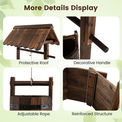 Giantex Wooden Wishing Well Planter with Hanging Bucket, Carbonized Fir Wood Outdoor Garden Planter for Flowers, Rustic Decorative Flower Pot for Yard Patio Deck Home Decor
