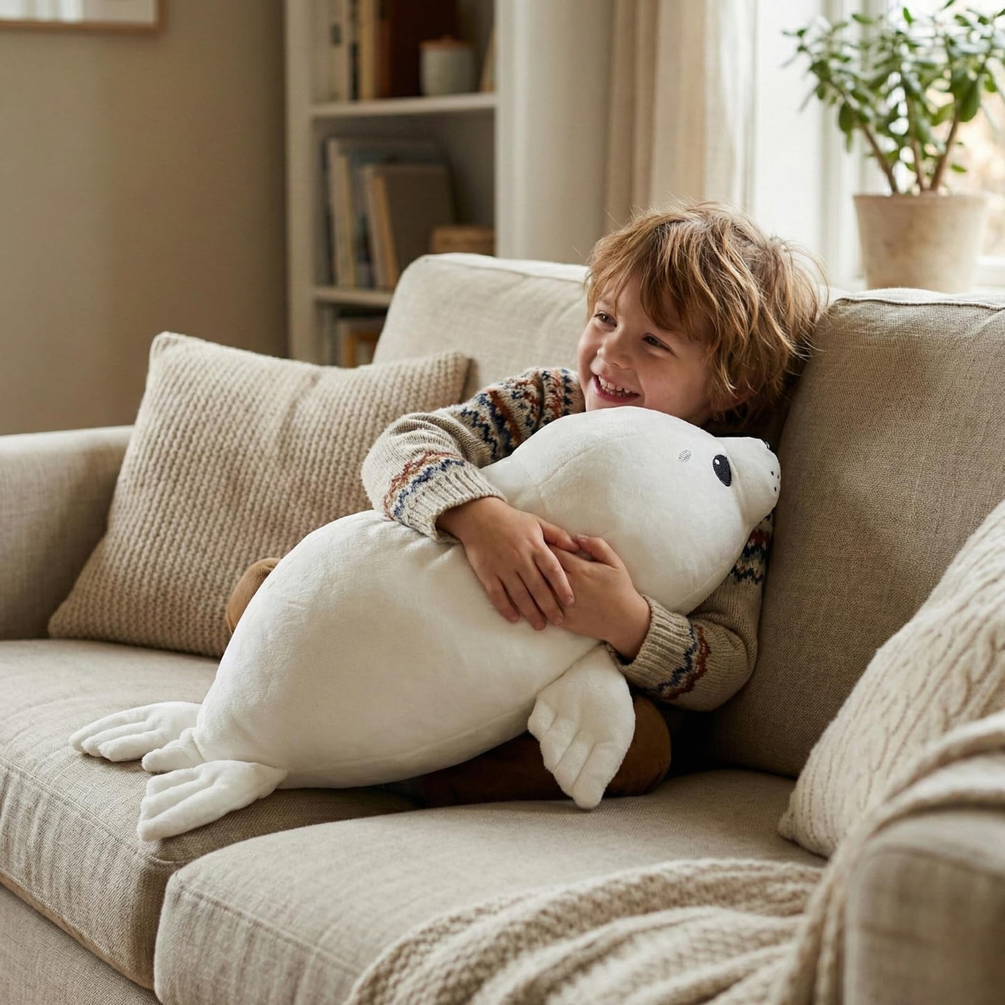 WEIGEDU Adorable White Baby Seal Plush Pillow – Soft Stuffed Animal Toy, Cuddly Hugging Body Pillow for Kids & Adults, 20" Arctic Ocean Seal Doll, Cute Sea Animal Plushie for Gifts & Decor