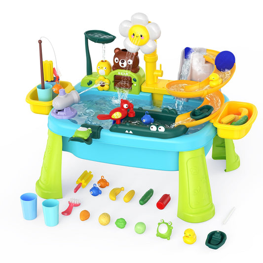 Water Table for Toddlers 1-3, Outdoor Toys for Kids Ages 4-8 with Pump, Kicthen Play Sink with Running Water, Fishing Toys Playset, Summer Outside Sand Water Sensory Activity Pool Toys Gifts, Blue