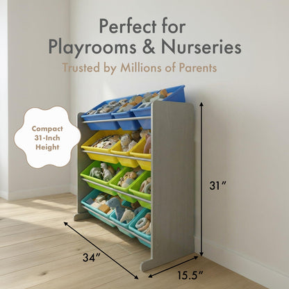Humble Crew Toy Storage Organizer with 12 Removable Storage Bins for Kids Playroom, 4-Tier Toddler Toy Organization, Grey/Blue/Green/Yellow