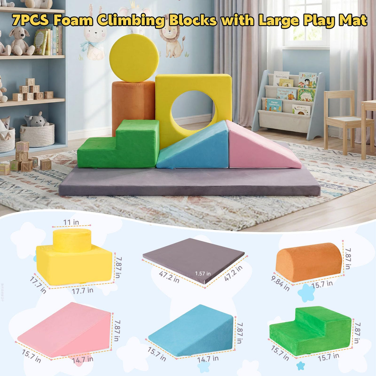 HAHASOLE 7-Piece Foam Climbing Blocks for Toddlers, Toddler Climbing Toys Indoor, Climb and Crawl Soft Foam Play Set with 47x47, 1.5" Thick Baby Play Mat for Floor, Removable & Machine-Washable Cover