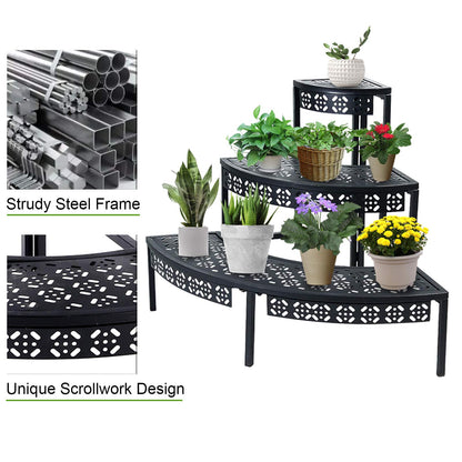 aboxoo 3 Tier Plant Stand Flower Pot Rack, Metal Stair-Step Style Corner Shelf Planters, Quarter Round Display Holder for Indoor Outdoor Use(Black, Semicircle)