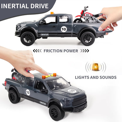 Pickup Truck Toy with Motorcycle, Featuring Lights and Sound Effects,Toy Car with Opening Doors, Toy Cars Gifts for 3+ Year Old Kids(Grey Pickup)