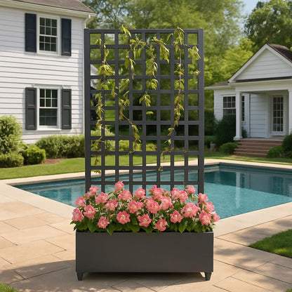 OUTLANE Metal Planter Box, 72"x35" with Square Lattice Trellis Planter Box, Galvanized Raised Garden Bed on Wheels, Garden Bed with Trellis, for Climbing Plants & Vines, Black