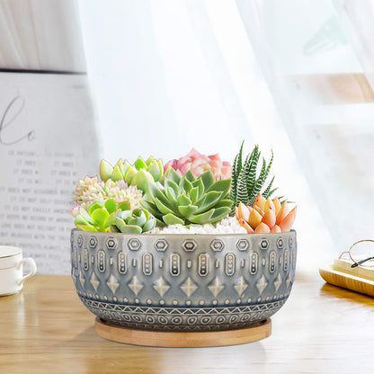 8 Inch Ceramic Succulent Planter Pots with Drainage Hole Flower Pot for Indoor Plants Round Shallow Bonsai Pot with Bamboo Tray Blue