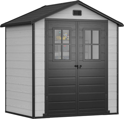 DWVO 6x4.4 FT Outdoor Resin Storage Shed with Reinforced Floor, All-Weather Bike Storage Shed with Lockable Door, Window and Vent, Waterproof Plastic Tool Storage for Garden, Backyard, Patio, Lawn