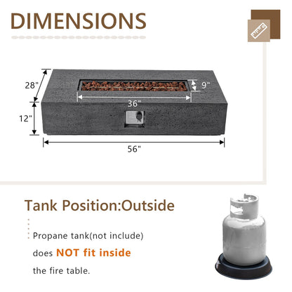 COSIEST 56-inch x 28-inch Outdoor Propane Fire Pit Coffee Table w Concrete Rectangle Base, 50,000 BTU, Free Lava Rocks and RainCover, Fits 20lb Tank Outside, Gray