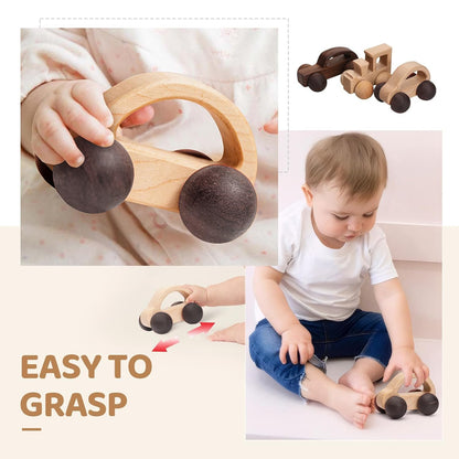 Wooden Toy Car Set for Babies & Toddlers, Montessori Wooden Vehicles with Bus, Airplane & Boat Plus Baby Push Cars, Educational Grasping Toys, Birthday