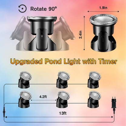 POPOSOAP LED Underwater Pond Lights 6-Head, IP68 Waterproof Pond Lights with Timer, 90° Rotatable Design & Gravity Base Fountain Lights for Pond Fountain Waterfall Aquarium Pool -P66HZ