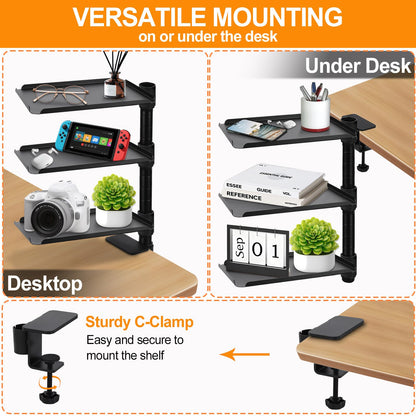 FBOAZI 3 Tier Clamp On Desk Shelf,360° Rotatable Adjustable Above or Under Desktop Organizer,Carbon Steel Storage Tray for Home Office and Gaming Accessories（Black）