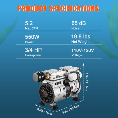 VEVOR Pond Aerator, 550W Power, 5.2CFM for Up to 3 Acre 50' Lake, Pond Aeration Kit Includes 3/4 HP Compressor & Timer & Valves, Air Compressor for Deep Water Oxygen Circulation, for Pond, Lake