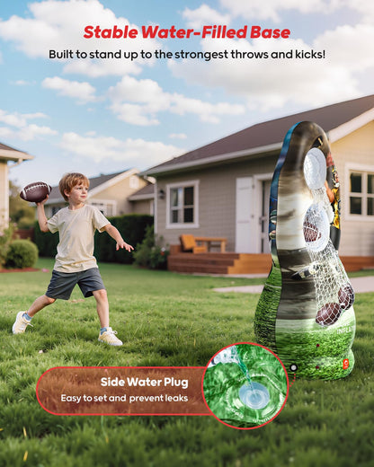 QPAU Life-Size Inflatable Football Target with Dual-Hole & Water-Filled Base - Includes 4 Balls, 2 Pumps & Dry Erase Scoreboard - Heavy Duty Outdoor Backyard Sports Toss Games for Kids, Teens & Adults