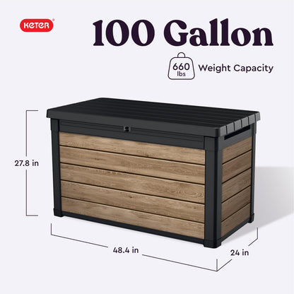 Keter Ashwood 100 Gallon Resin Deck Box Organization and Storage for Patio Furniture Outdoor Cushions, Throw Pillows, Garden Tools and Pool Toys, Brown